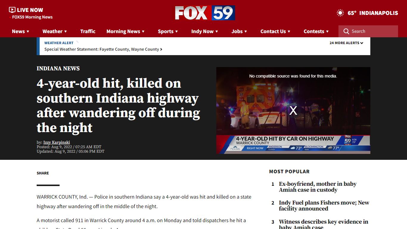 4-year-old hit, killed on southern Indiana highway after wandering off